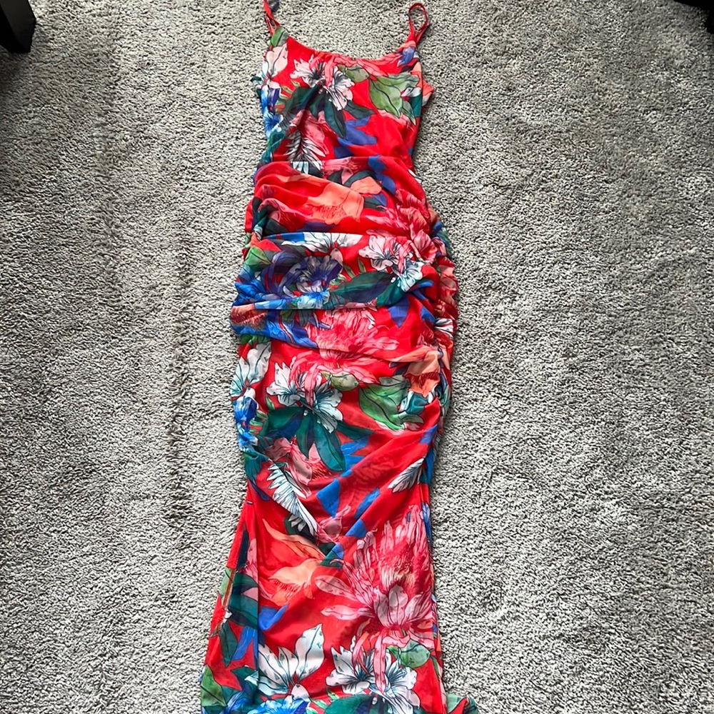 SHEIN Red Floral Ruched Maxi Dress with Green & Blue Accents